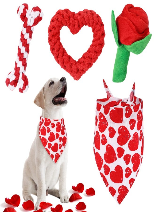 LEIFIDE Valentine's Day Dog Chew Toys Bandana Set 4 Pack Valentines Day Rose Dog Toy Squeaky Plush Toy Heart Shaped Dog Rope Toy Dog Cotton Pet Rope Toys for Small Medium Large Dogs Pet Supplies - Image 1